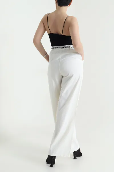 Krem Fular Kemerli Tensel Gabardin Kadın Pantolon 440440