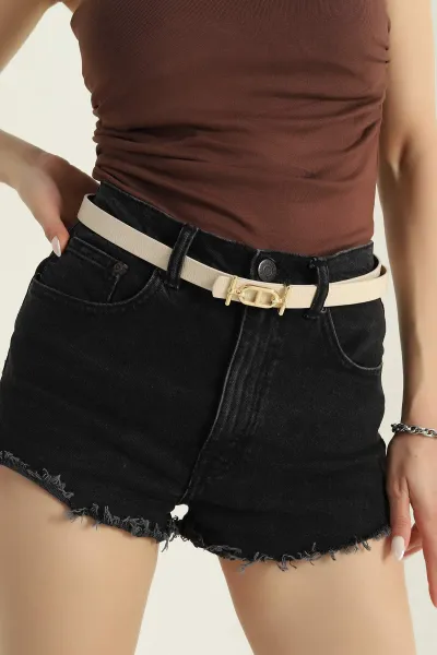 Krem Gold Tokalı İnce Kadın Kemer 376813
