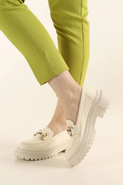 Krem Gold Tokalı Kalın Taban Loafer Ayakkabı 279845