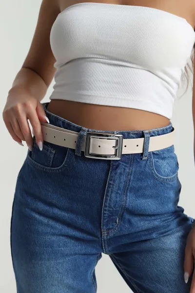 Krem Gümüş Kare Tokalı Kadın Kemer 489473