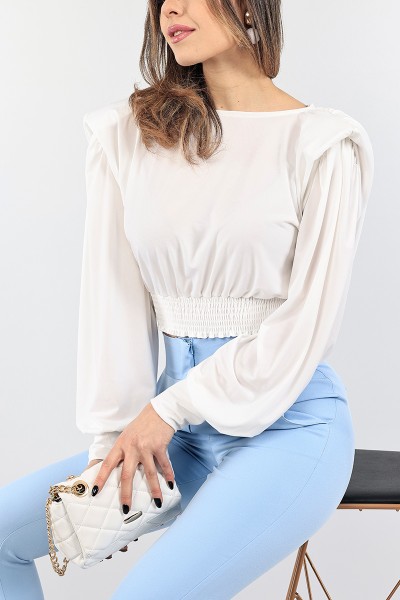 Krem İncili Vatkalı Saten Bluz 95377