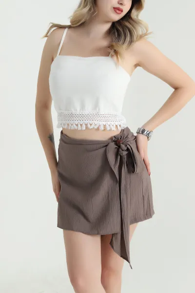 Krem İp Askılı Keten Kadın Crop 469434