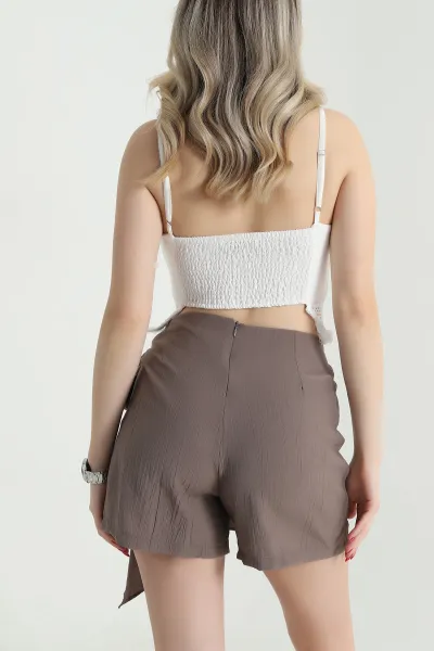 Krem İp Askılı Keten Kadın Crop 469434