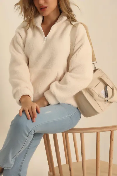 Krem Kanguru Cepli Yumoş Sweat 231696