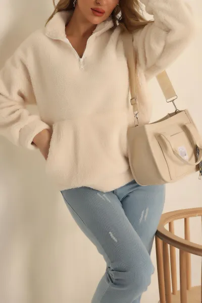 Krem Kanguru Cepli Yumoş Sweat 231696