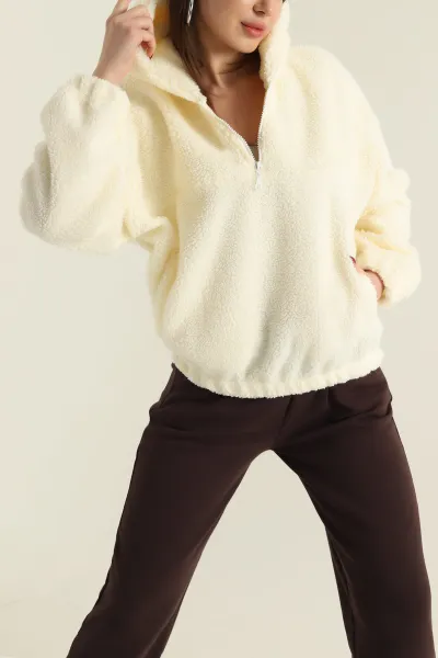 Krem Kapüşonlu Kuzu Yumoş Kadın Sweat 419533