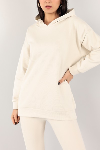Krem kapüşonlu Şardonlu Bayan Sweat 100651