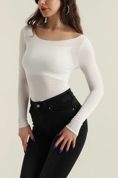 Krem Kayık Yaka Transparan Bluz 424952
