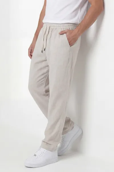 Krem Keten Baggy Belden Bağlamalı Erkek Pantolon 451310