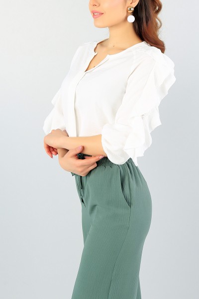 Krem Kolları Fırfırlı Tül Tasarım Bluz 59196