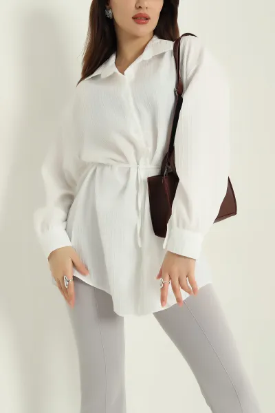 Krem Kuşaklı Dokuma Krinkıl Gömlek Tunik 333959