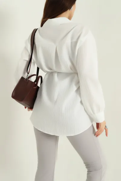 Krem Kuşaklı Dokuma Krinkıl Gömlek Tunik 333959