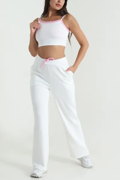 Krem Likralı Cepli Crop Pantolon Modal İkili Takım 477803