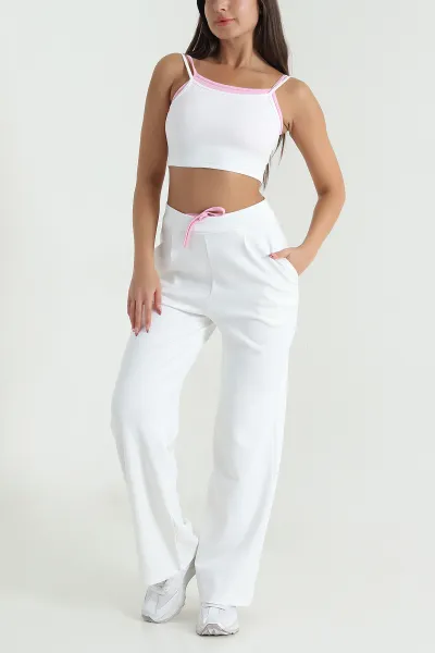 Krem Likralı Cepli Crop Pantolon Modal İkili Takım 477803