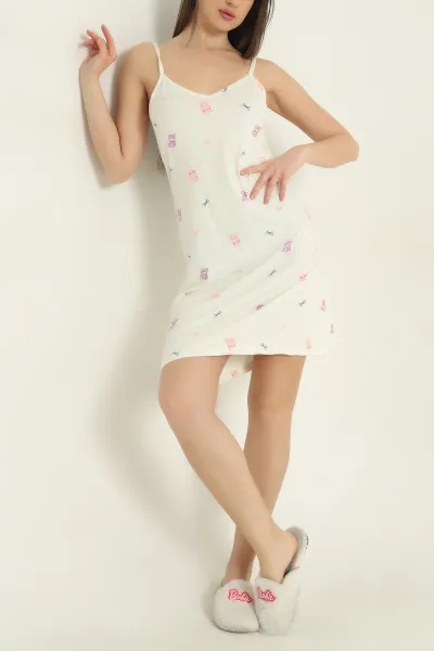 Krem Likralı Desenli Milan Kadın Elbise Pijama 357191