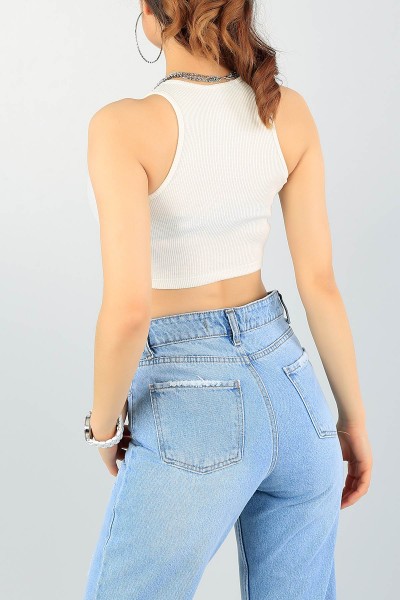 Krem Likralı Fitilli Bayan Crop Atlet 58782