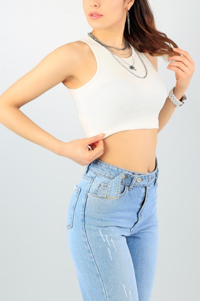 Krem Likralı Fitilli Bayan Crop Atlet 58782