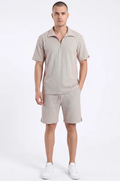 Krem Look Kumaş Yarım Fermuarlı Erkek Şortlu Takım 467644
