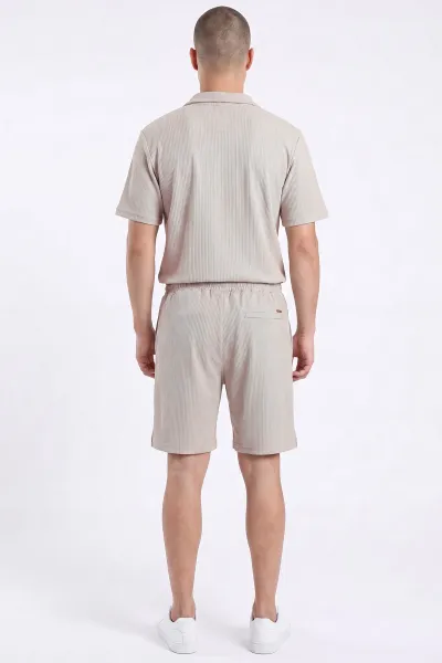 Krem Look Kumaş Yarım Fermuarlı Erkek Şortlu Takım 467644