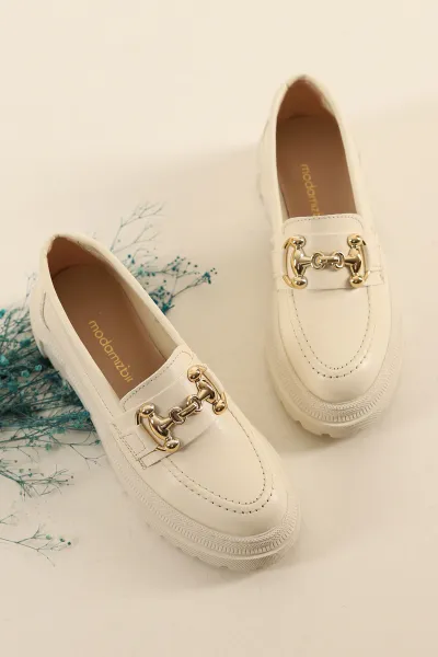 Krem Mat Gold Tokalı Kalın Taban Loafer Ayakkabı 286766