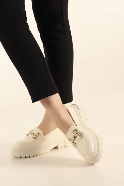 Krem Mat Gold Tokalı Kalın Taban Loafer Ayakkabı 286766