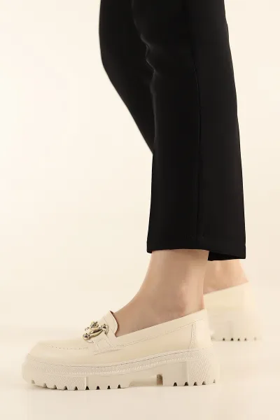 Krem Mat Gold Tokalı Kalın Taban Loafer Ayakkabı 286766
