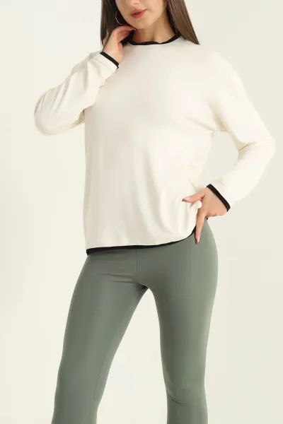 Krem Modal Bisiklet Yaka Likralı Bayan Sweat 318265