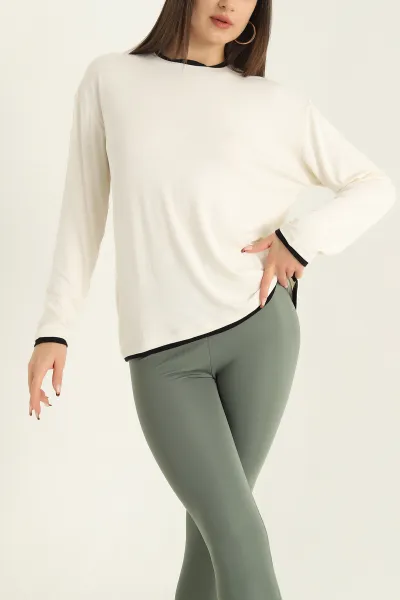Krem Modal Bisiklet Yaka Likralı Bayan Sweat 318265