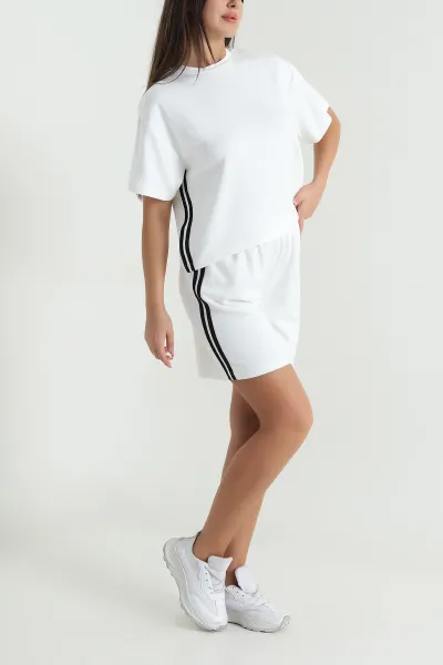 Krem Modal Kumaş Şeritli Kadın İkili Takım 477816