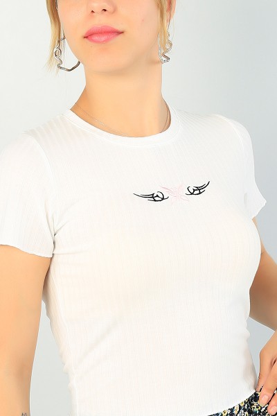 Krem Nakışlı Bayan Crop Tişört 67841