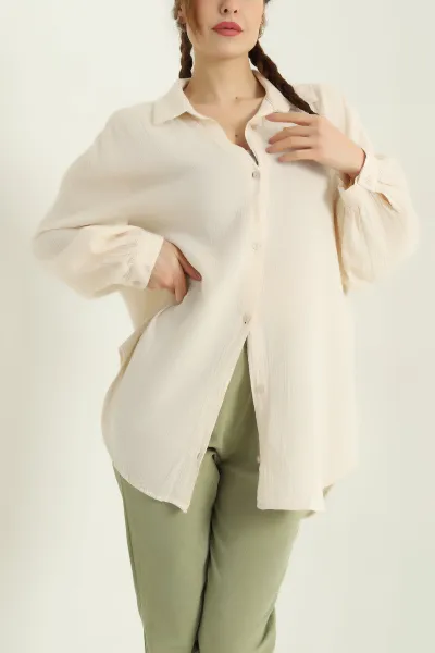 Krem Oversize Müslin Kadın Gömlek 336851