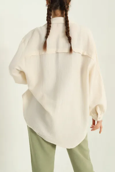 Krem Oversize Müslin Kadın Gömlek 336851