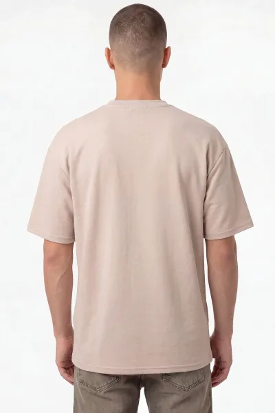 Krem Oversize Bisiklet Yaka Yazı Detaylı Erkek Tişört 465424
