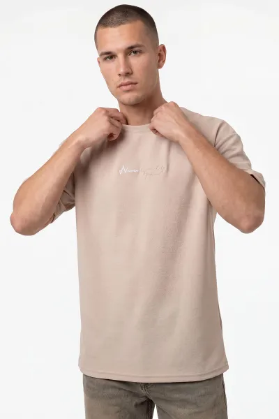 Krem Oversize Bisiklet Yaka Yazı Detaylı Erkek Tişört 465424