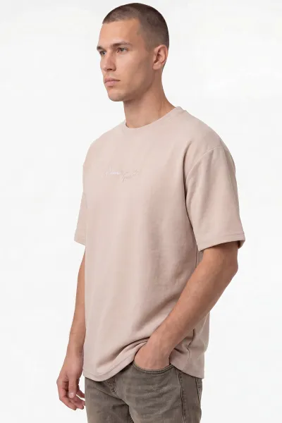Krem Oversize Bisiklet Yaka Yazı Detaylı Erkek Tişört 465424