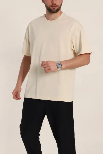 Krem Oversize Dikiş Detaylı Basic Erkek Tişört 348836