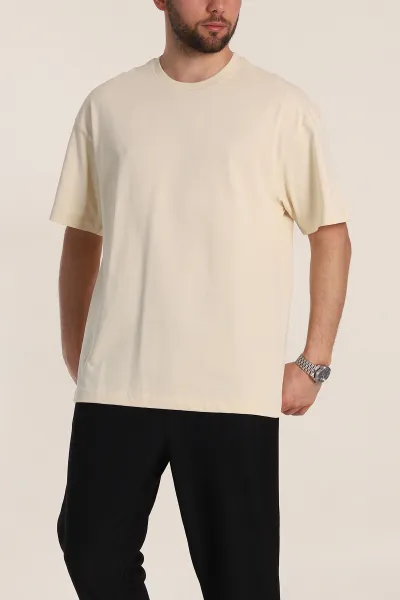 Krem Oversize Dikiş Detaylı Basic Erkek Tişört 348836