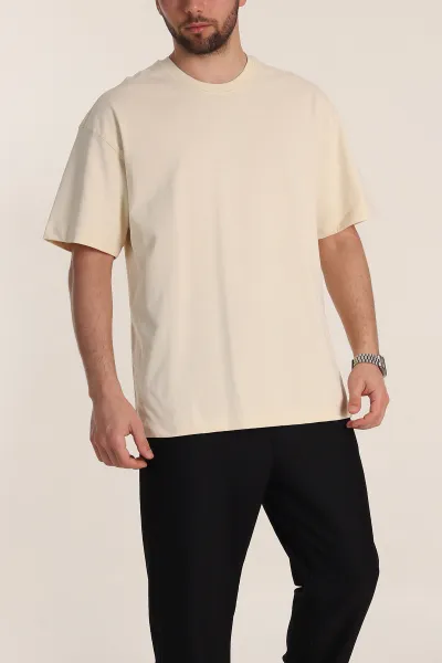 Krem Oversize Dikiş Detaylı Basic Erkek Tişört 348836