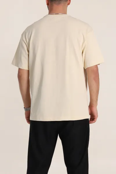 Krem Oversize Dikiş Detaylı Basic Erkek Tişört 348836