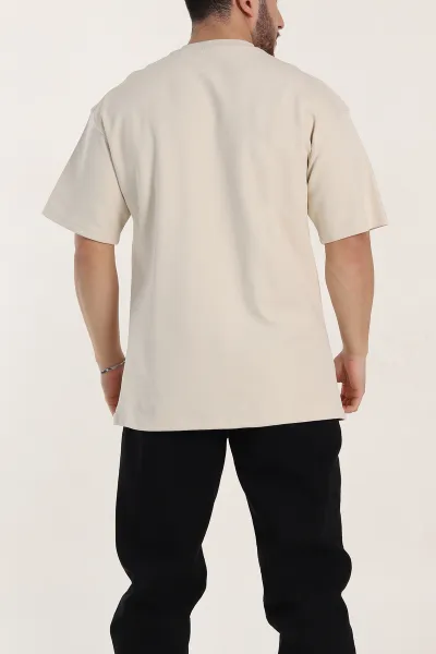 Krem Oversize Double Face Kumaş Basic Erkek Tişört 340526