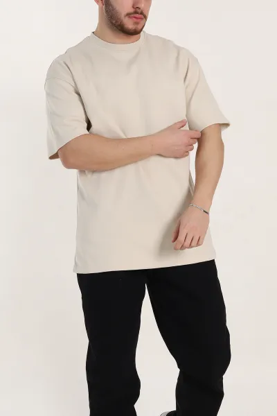 Krem Oversize Double Face Kumaş Basic Erkek Tişört 340526