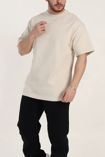 Krem Oversize Double Face Kumaş Basic Erkek Tişört 340526