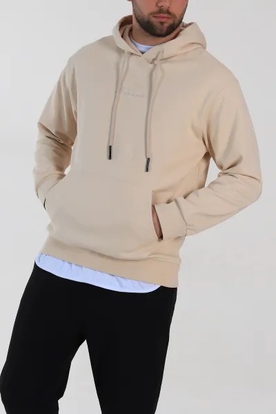 Krem Oversize Duble Kumaş Basic Erkek Kapüşonlu Sweatshirt 300185