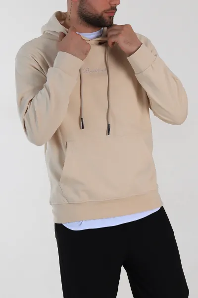 Krem Oversize Duble Kumaş Basic Erkek Kapüşonlu Sweatshirt 300185