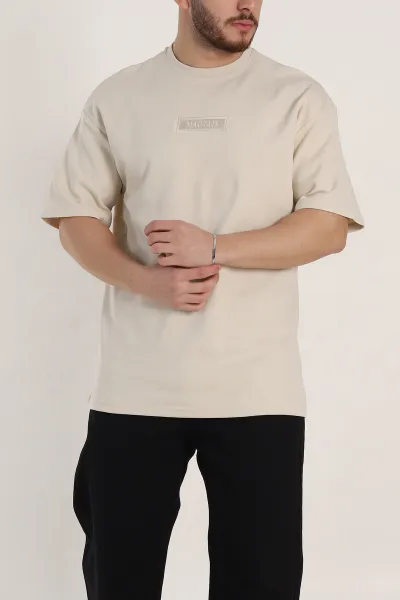Krem Oversize Duble Kumaş Nakış Detaylı Erkek Tişört 345722