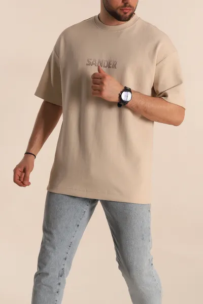 Krem Oversize İki İp Kabartma Sırt Baskılı Erkek Tişört 266835
