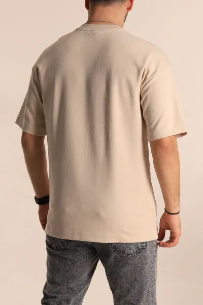 Krem Oversize İki İp Kabartma Yazılı Erkek Tişört 266839