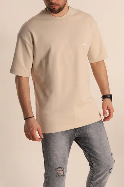 Krem Oversize İki İp Kabartma Yazılı Erkek Tişört 266839