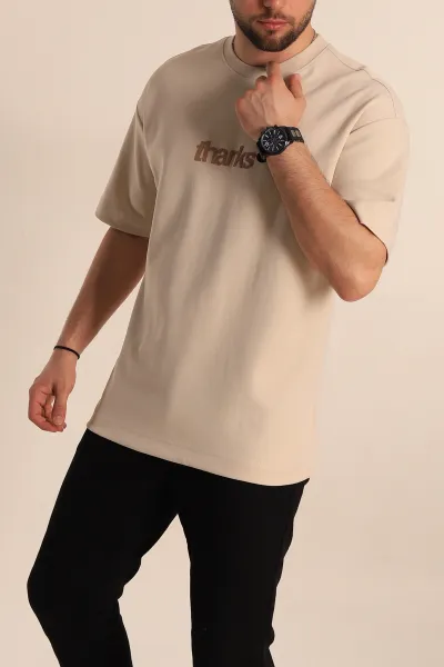 Krem Oversize İki İp Sırt Kabartma Yazı Detaylı Erkek Tişört 266874