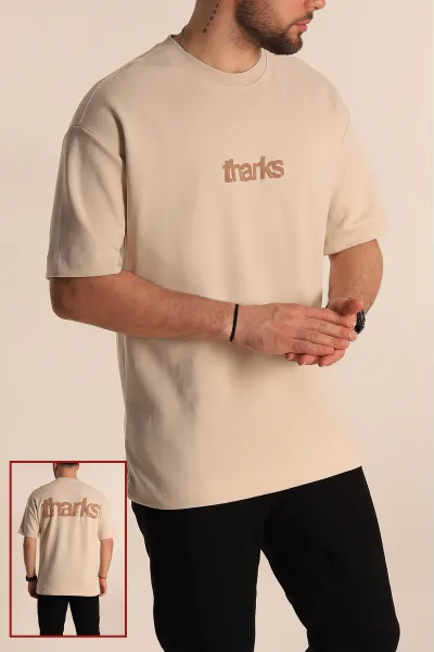 Krem Oversize İki İp Sırt Kabartma Yazı Detaylı Erkek Tişört 266874